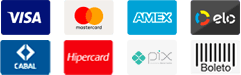 Formas de pagamento: Visa, Mastercard, Amex, Elo, Cabal, Hipercard, Pix e Boleto